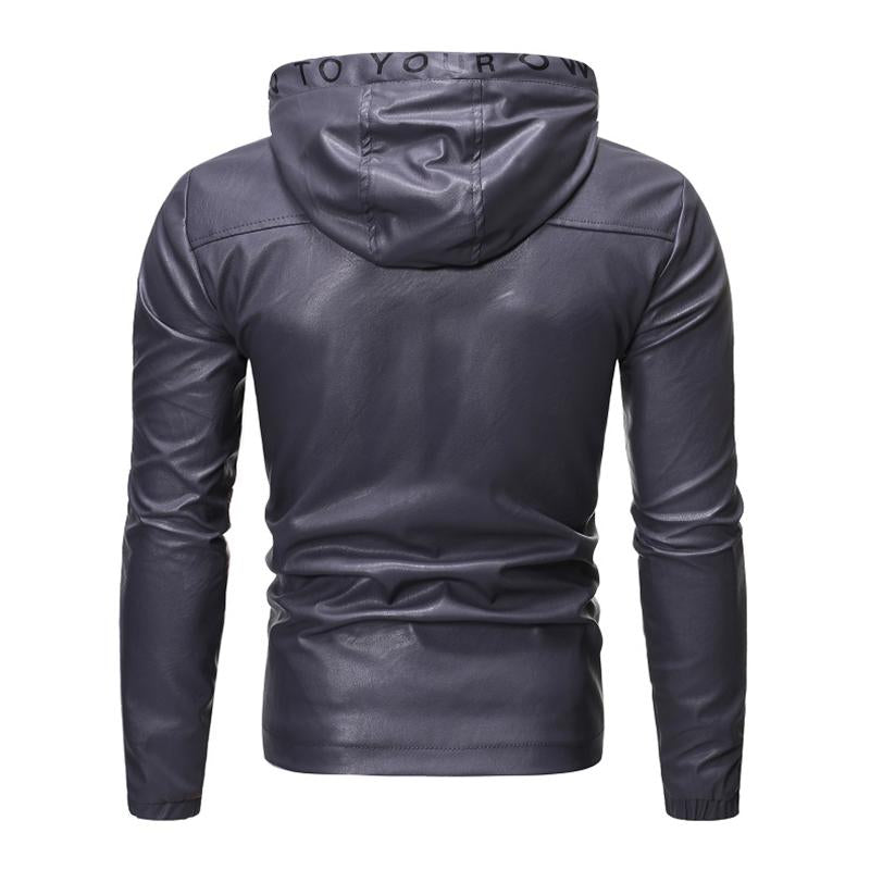 Mens Fashion Hooded Long Sleeve Zippered Leather Jacket 39712909M
