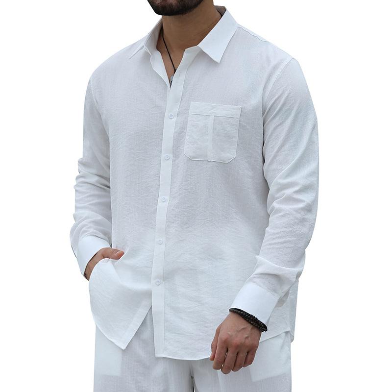 Mens Casual Solid Color Breast Pocket Lapel Long Sleeve Shirt 31125654Y