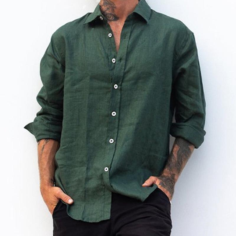 Mens Loose Solid Color Lapel Long Sleeve Shirt 18740939Y