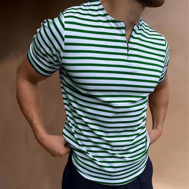Mens Casual Striped Round Neck Zipper Short Sleeve T-Shirt 24822337Y