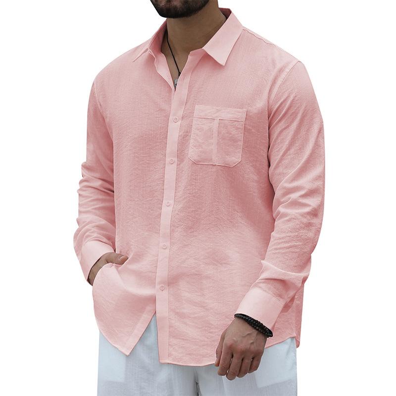 Mens Casual Solid Color Breast Pocket Lapel Long Sleeve Shirt 31125654Y