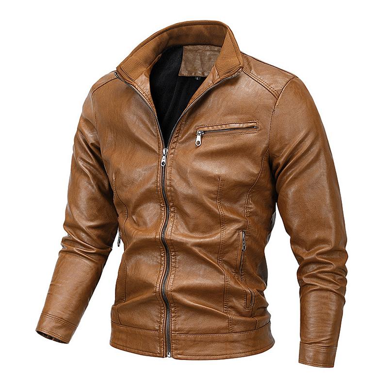 Mens Vintage Stand Collar Velvet Zipper Motorcycle Leather Jacket 80627391M