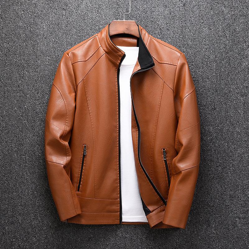 Mens Solid Color Stand Collar Leather Motorcycle Jacket 93017058X