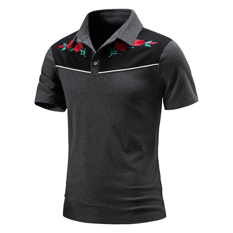 Mens Vintage Rose Embroidery Stitching Breathable Lapel Short Sleeve POLO Shirt 98245795Y