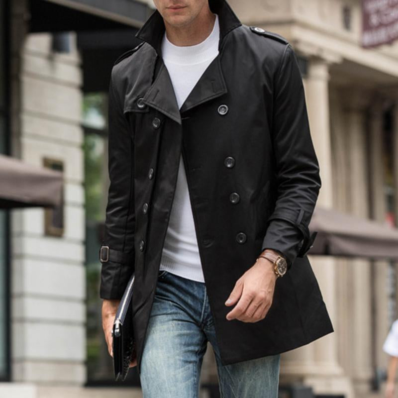 Mens British Style Mid-Length Slim Belted Lapel Double-Breasted Trench Coat 12290371M