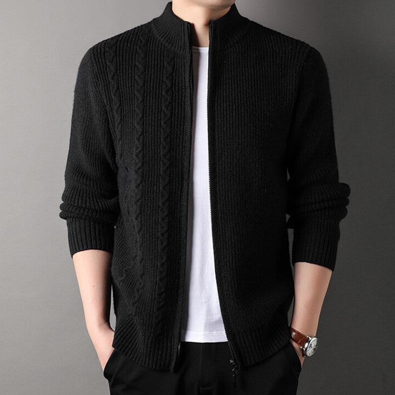 Mens Casual Stand Collar Cable Zipper Long Sleeve Knitted Cardigan 12911469M
