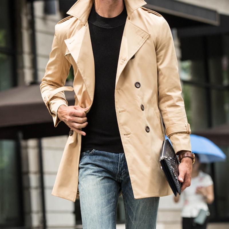 Mens British Style Mid-Length Slim Belted Lapel Double-Breasted Trench Coat 12290371M