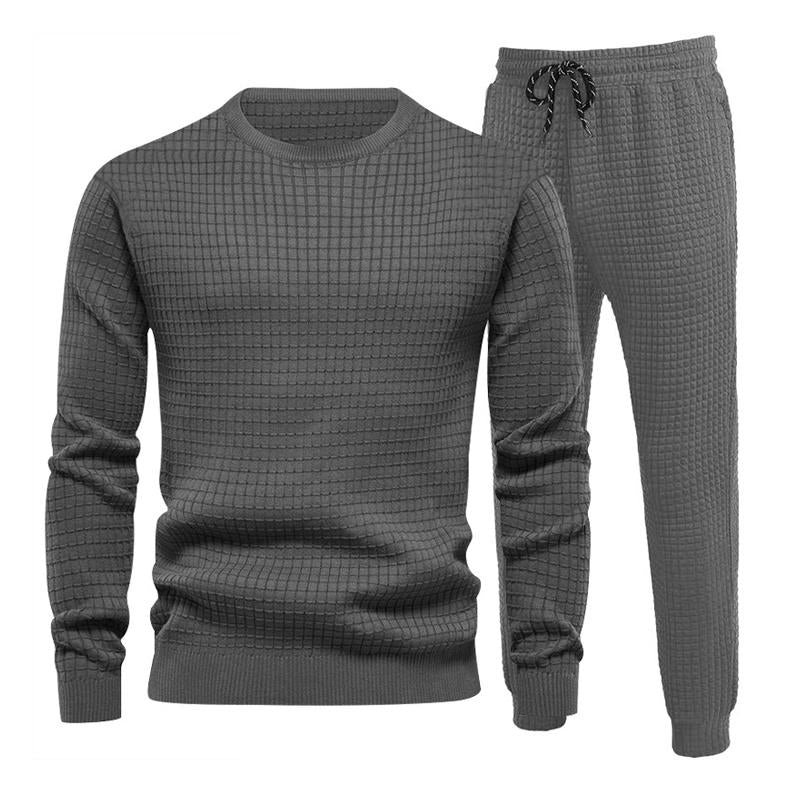 Mens Waffle Round Neck Long Sleeve Pants Two-piece Set 23138814X