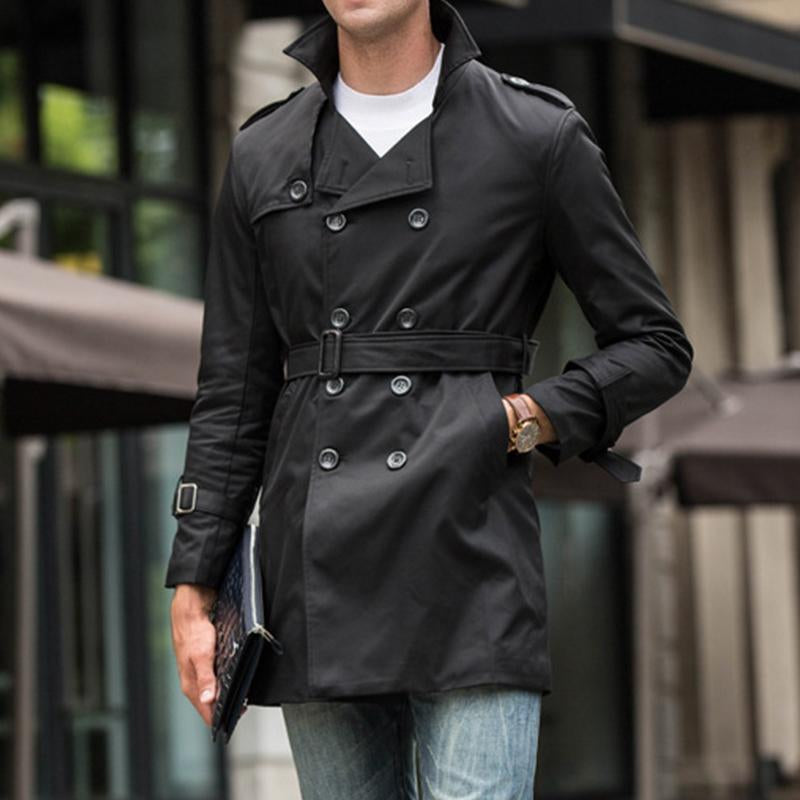 Mens British Style Mid-Length Slim Belted Lapel Double-Breasted Trench Coat 12290371M