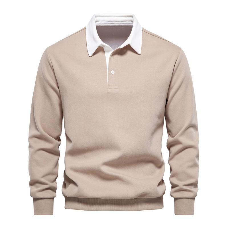Mens Casual Color Contrasting Lapel Loose Long Sleeve Polo Shirt 72890642M