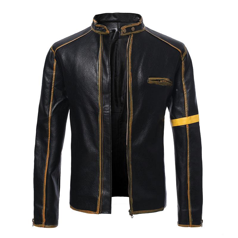 Mens Vintage Distressed Stand Collar Contrast Color Motorcycle Leather Jacket 10108770M