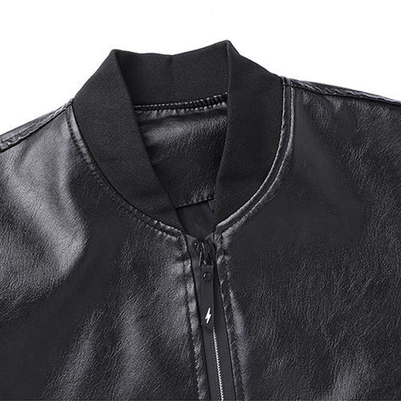 Mens Casual Stand Collar Plaid Stitching Loose Leather Jacket 92565825M