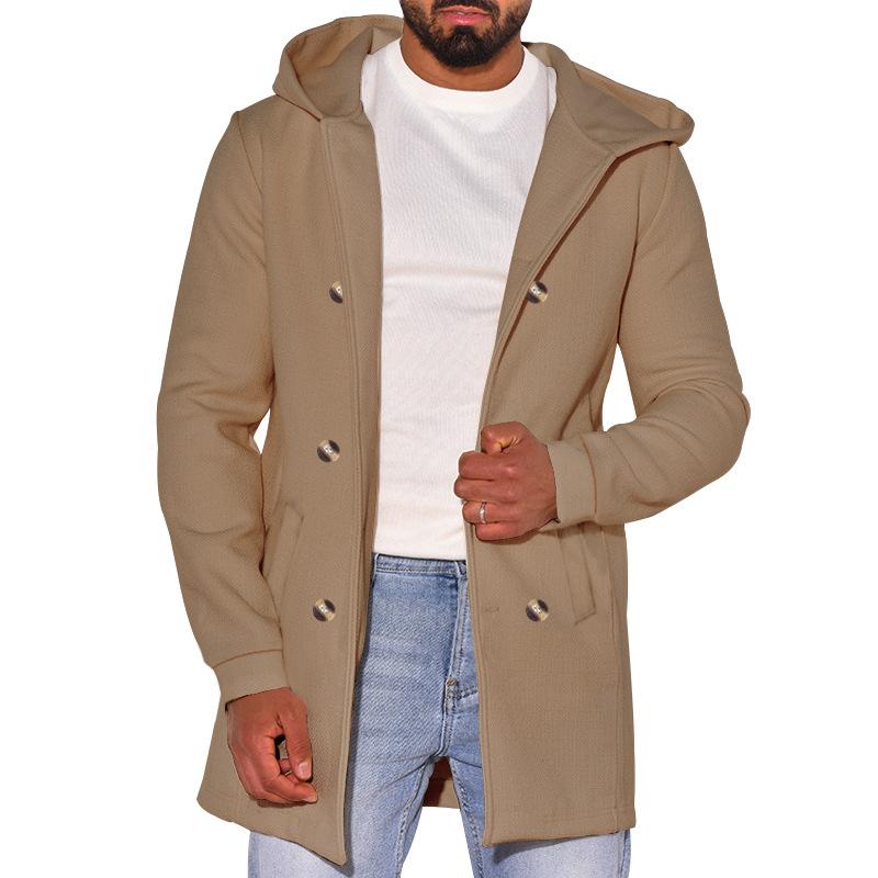 Mens Casual Solid Color Hooded Double-Breasted Long-Sleeved Windbreaker Coat 75393134M