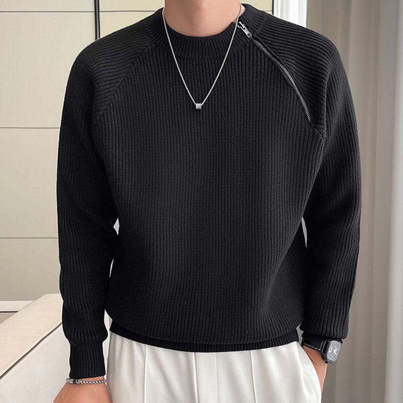 Mens Casual Solid Color Zippered Round Neck Loose Pullover Sweater 53088662M