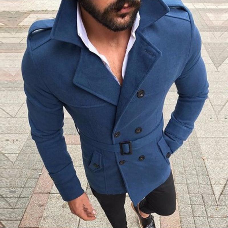 Mens Vintage Solid Color Wool Blended Lapel Double Breasted Belted Coat 64468270M