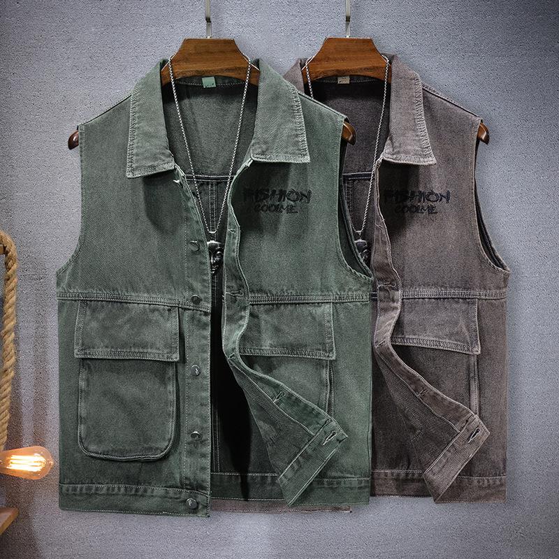 Mens Vintage Lapel Embroidered Denim Vest 86230334X