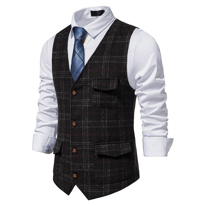 Mens Vintage Check Breast Pocket Collarless Vest 51861612Y