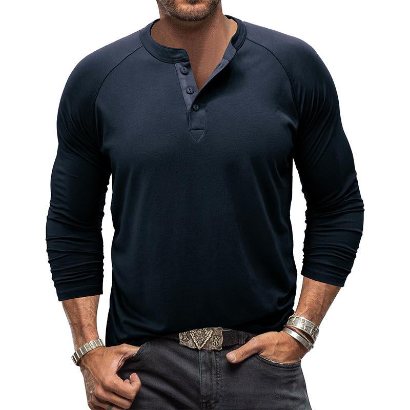 Mens Casual Solid Color Henley Collar Raglan Long Sleeve T-Shirt 50906105Y