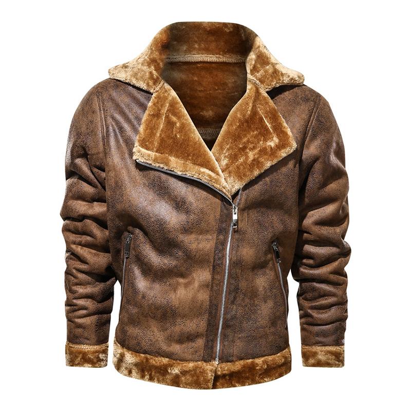 Mens Vintage Lapel Faux Fur Warm Zippered Leather Jacket 63798528M