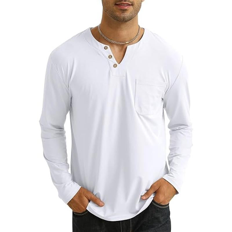 Mens Casual Solid Color V-Neck Chest Pocket Long Sleeve T-Shirt 58233004Y