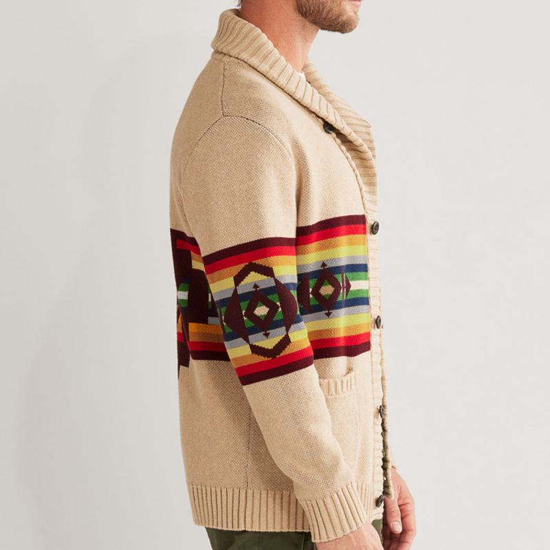 Mens Vintage Colorblock Stripe Jacquard Lapel Single Breasted Knit Cardigan 44586298M