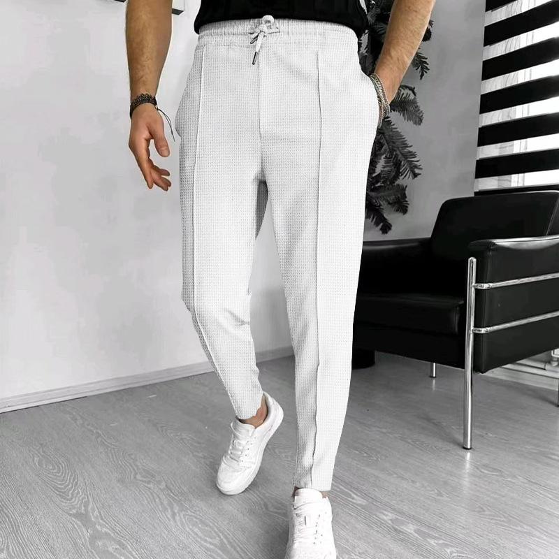 Mens Solid Waffle Elastic Waist Slim Casual Trousers 33746822Z
