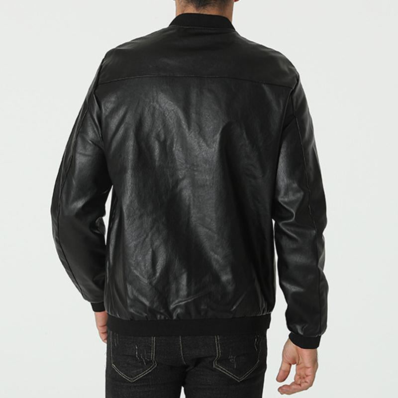 Mens Casual Solid Color Simple Baseball Collar Leather Jacket 75180694M