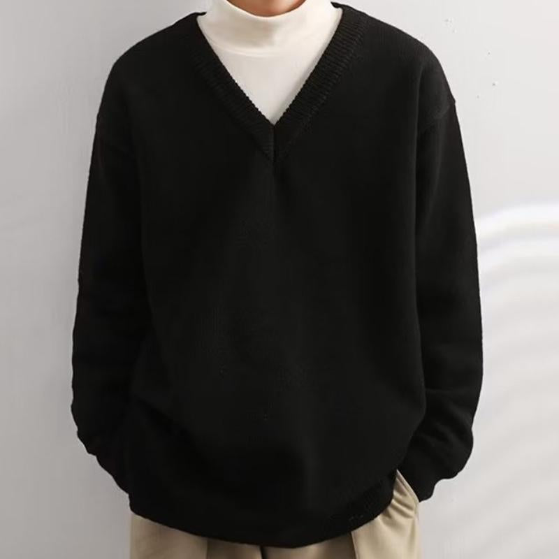 Mens Casual Solid Color V-Neck Loose Pullover Knitted Sweater 91393356M