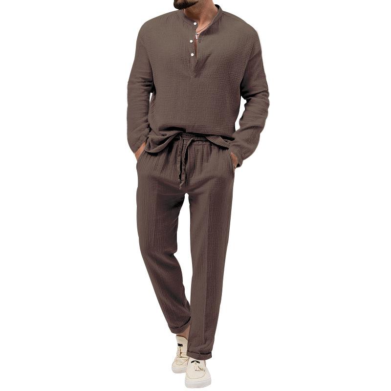 Mens Solid Loose Henley Collar Long Sleeve Shirt Trousers Set 26131708Z