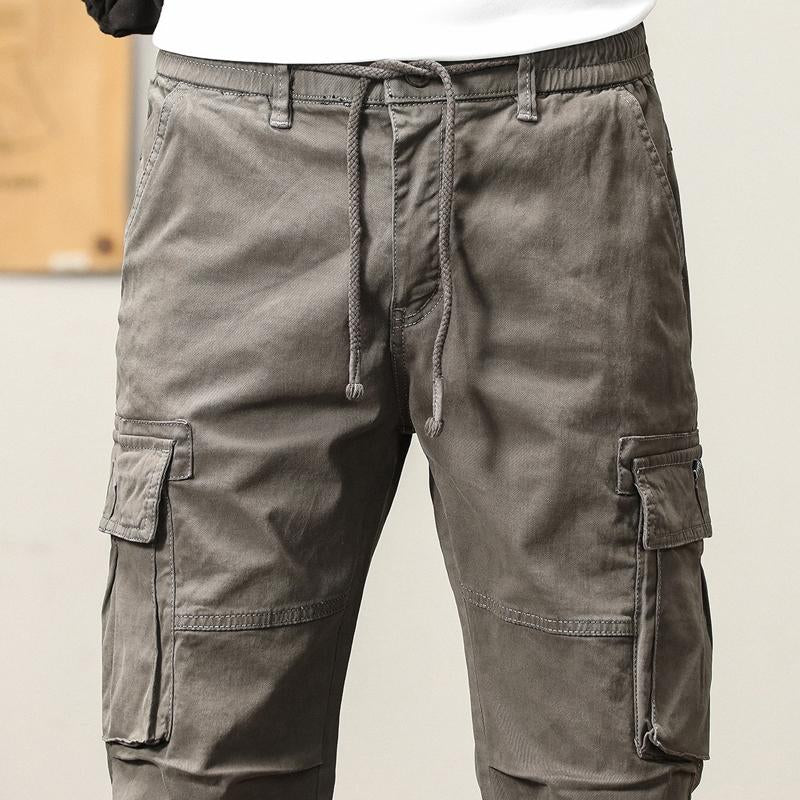 Mens Solid Color Multi-Pocket Elastic Cargo Pants 57353581X