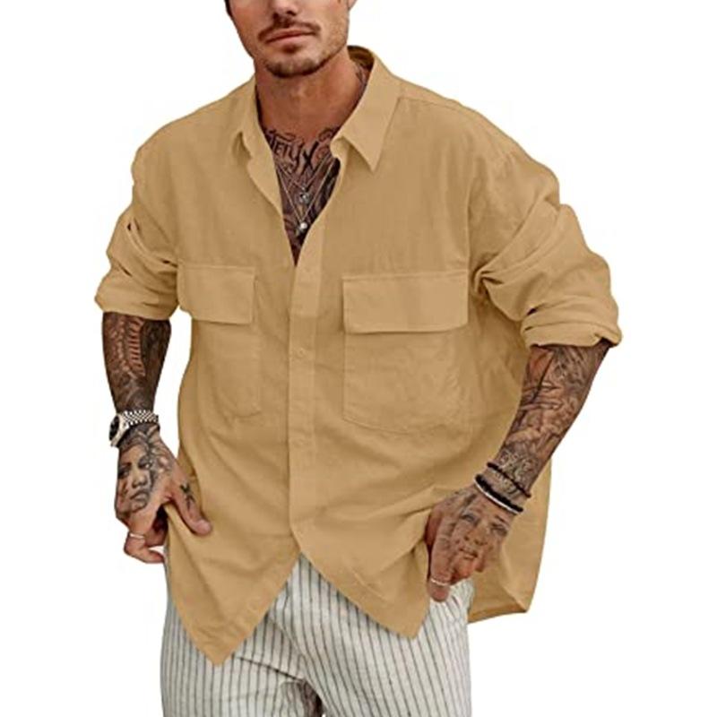 Mens Solid Color Cotton Linen Front Pocket Button Lapel Shirt 60359022X