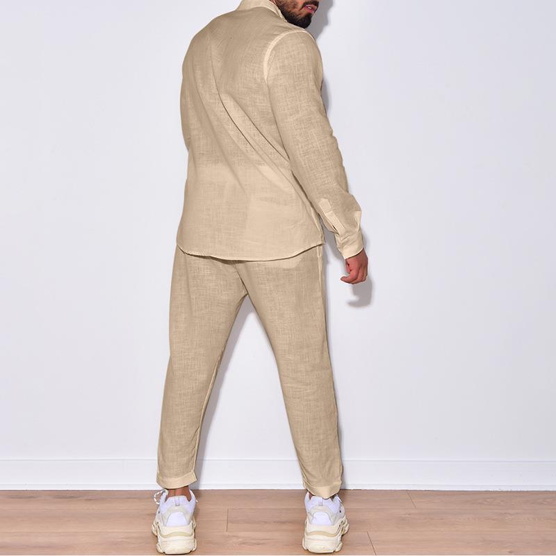 Mens Solid Loose Linen Stand Collar Long Sleeve Shirt Trousers Set 87851380Z