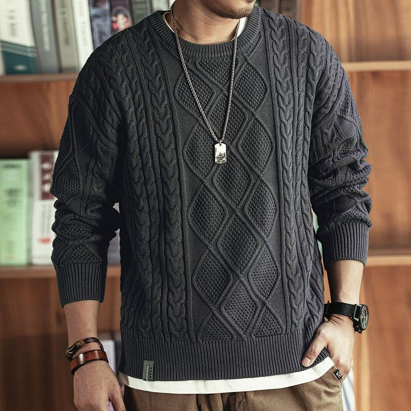 Mens Loose Solid Color Cable Round Neck Pullover Sweater 34106628Y