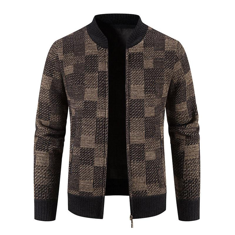 Mens Casual Plaid Fleece Baseball Collar Zipper Fly Knit Jacket 23445833M