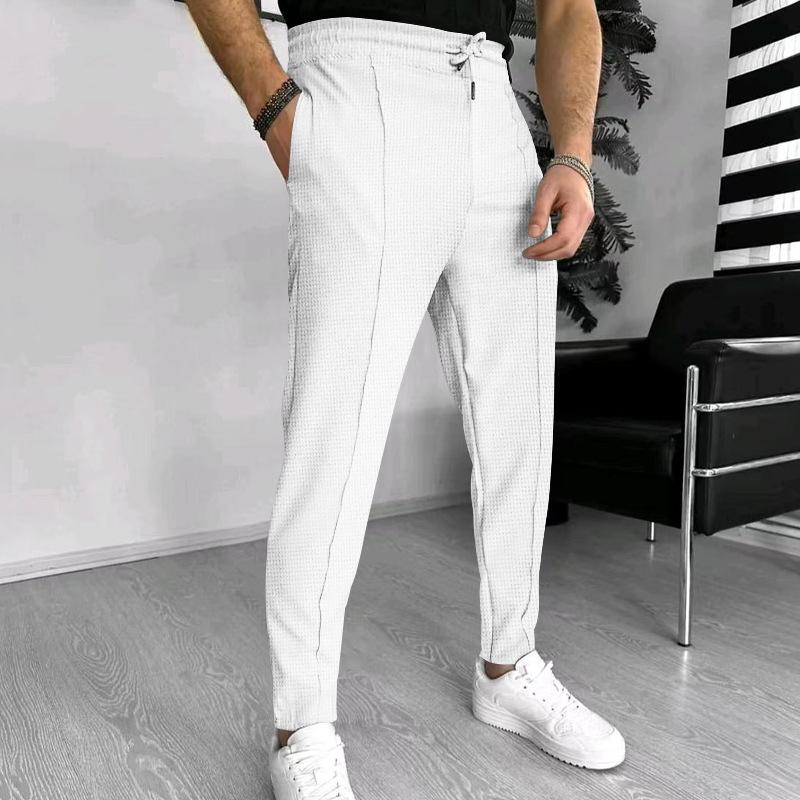 Mens Solid Waffle Elastic Waist Slim Casual Trousers 33746822Z