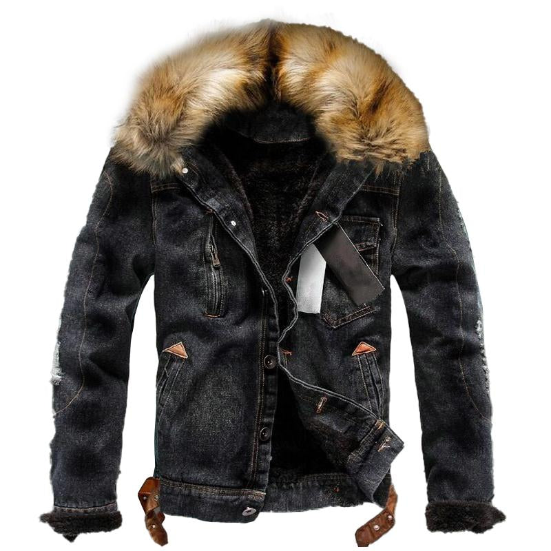 Mens Casual Sherpa Plush Hooded Multi-Pocket Denim Jacket 58313130Y