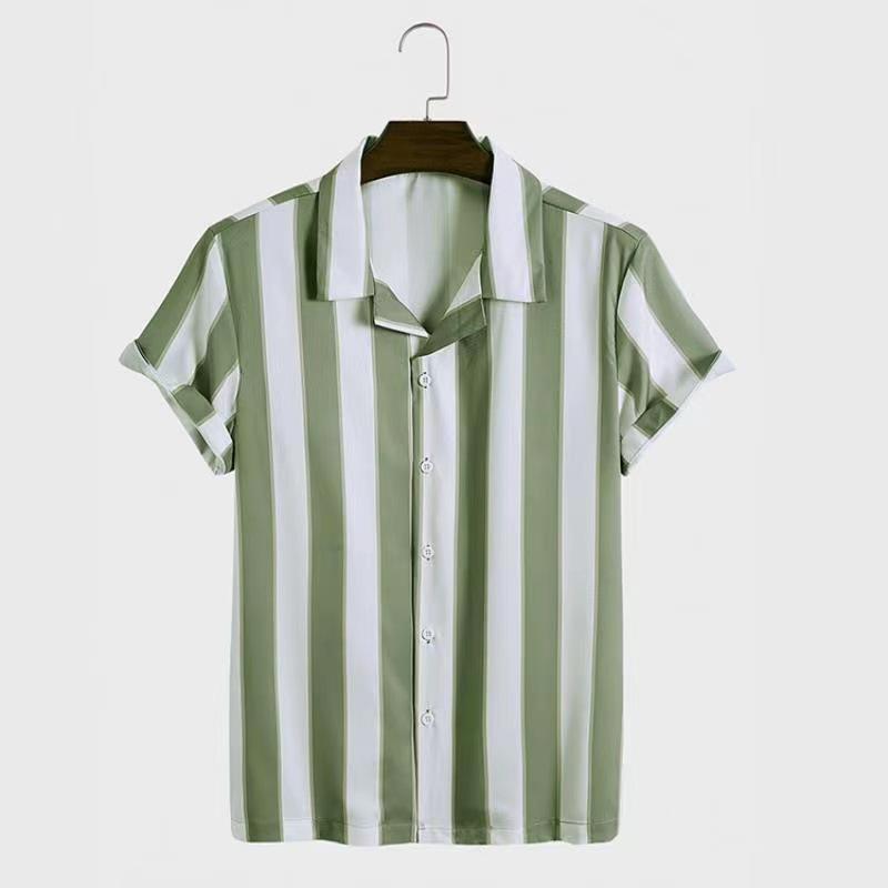 Mens Striped Print Beach Short-sleeve Shorts Two-piece Set 69737380X