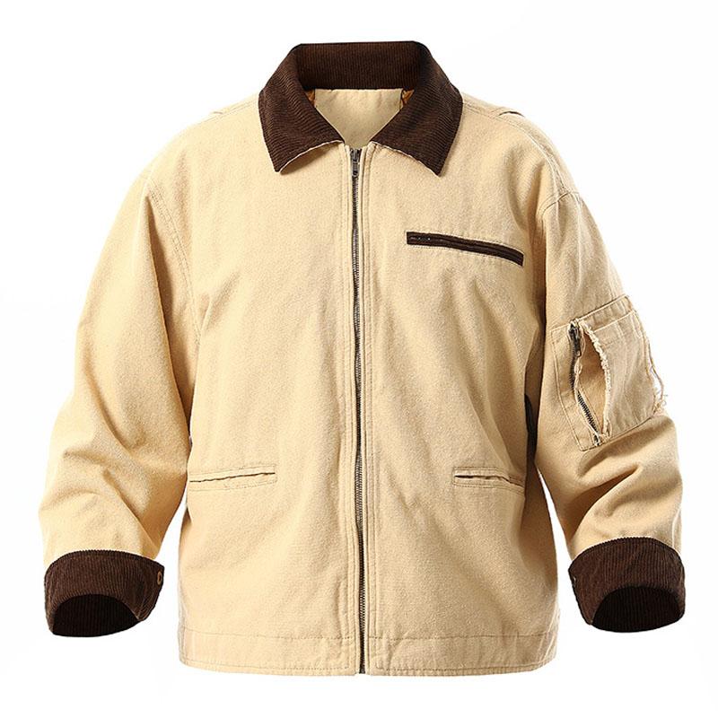Mens Vintage Washed Cotton Loose Contrast Lapel Zipper Cargo Jacket 32218661M