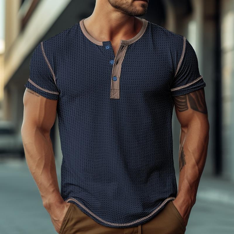 Mens Waffle Henley Collar Color Block Short Sleeves T-shirt 47068701Y
