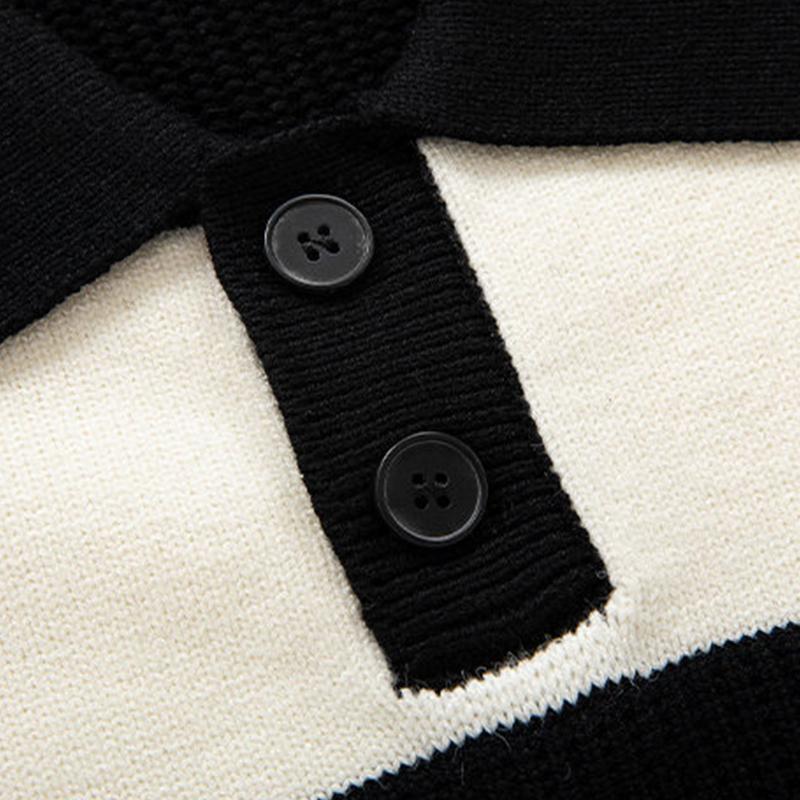 Mens Casual Contrast Color Striped Polo Collar Long Sleeve Loose Sweater 13307346M