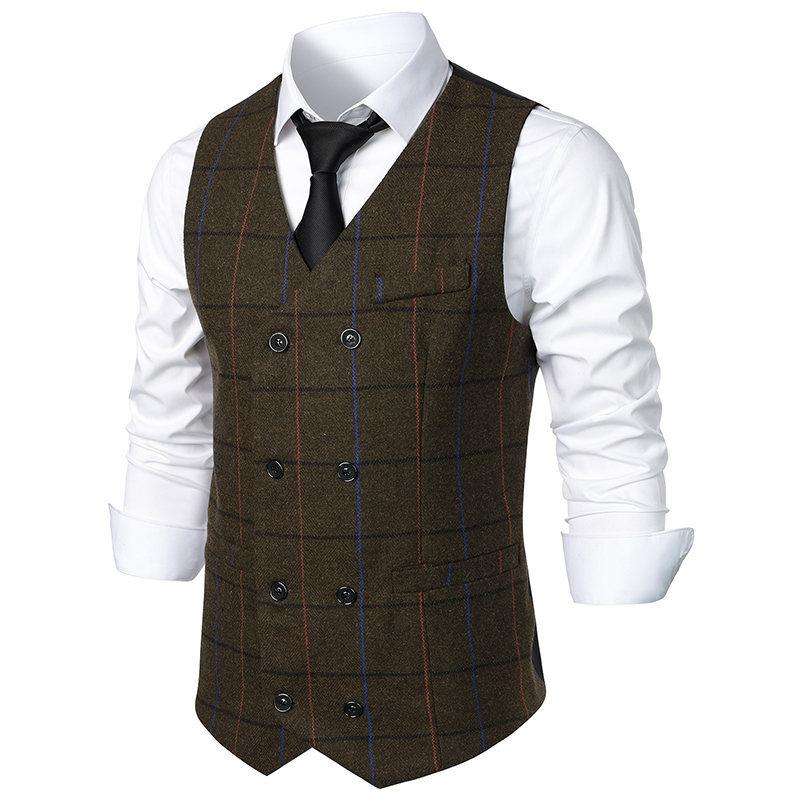 Mens Vintage Plaid V Neck Double Breasted Suit Vest 70463888Z