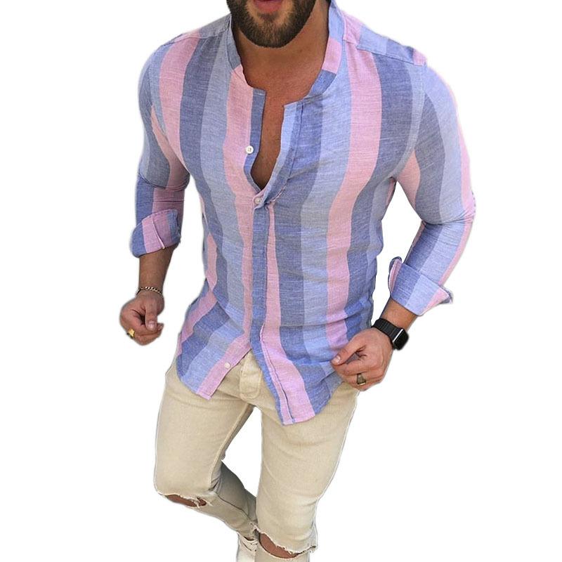 Mens Color Striped Buttons Long -sleeved Shirt 57442743X