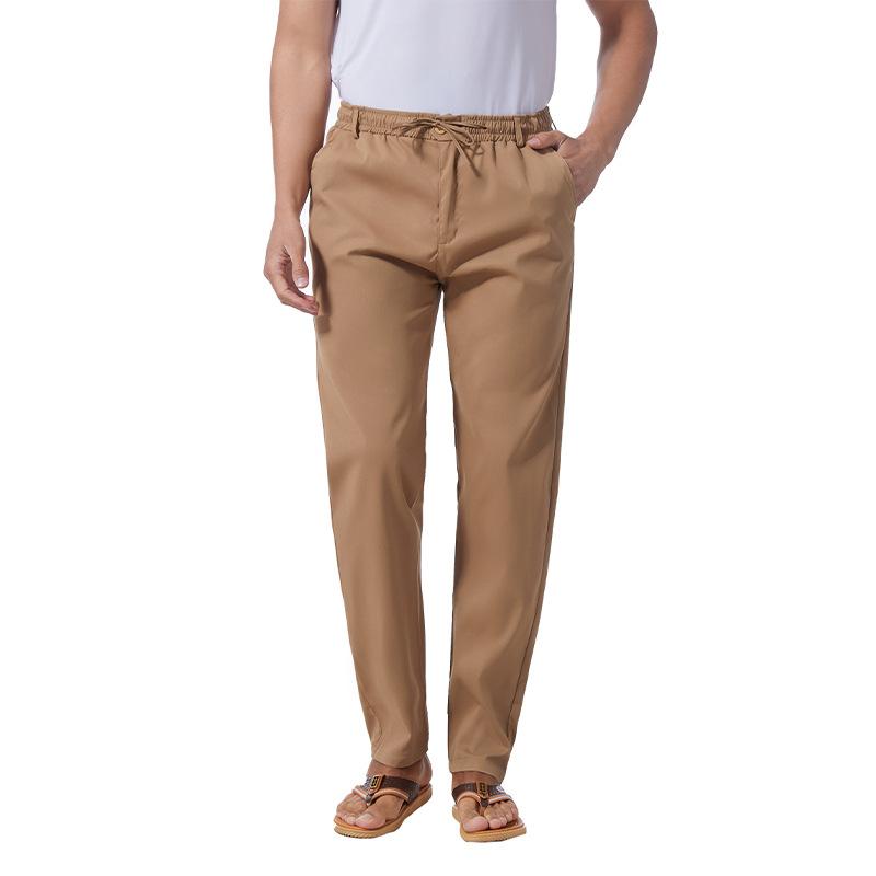 Mens Solid Loose Cotton Drawstring Elastic Waist Casual Pants 08994317Z
