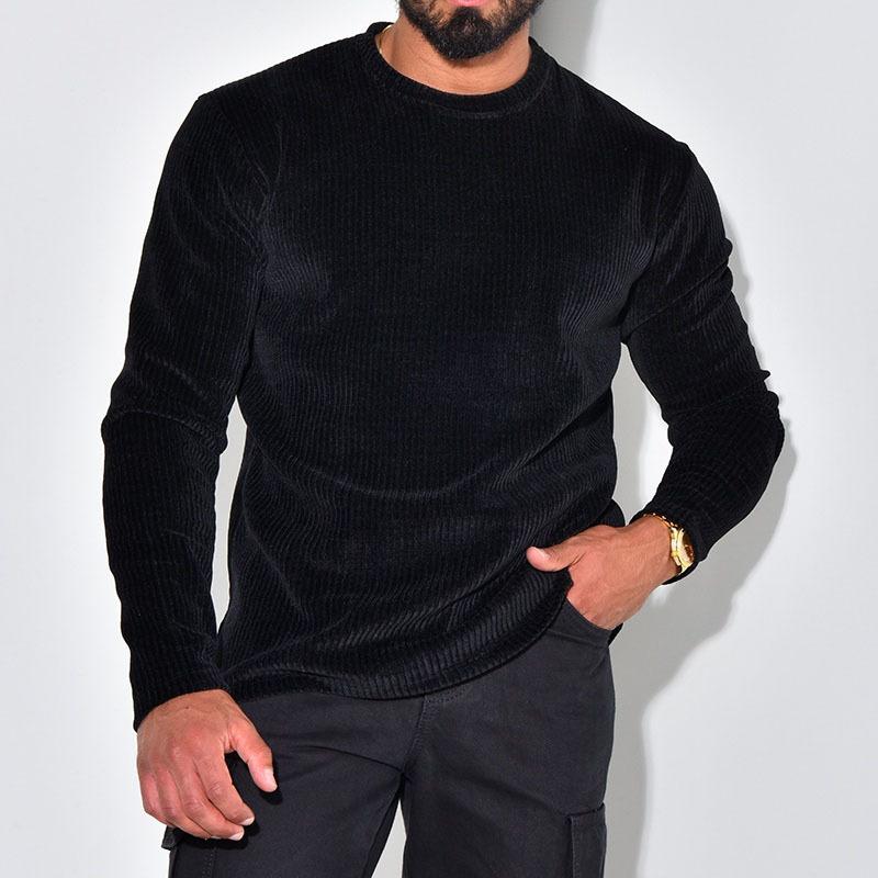 Mens Solid Corduroy Round Neck Long Sleeve T-shirt 57890367Z