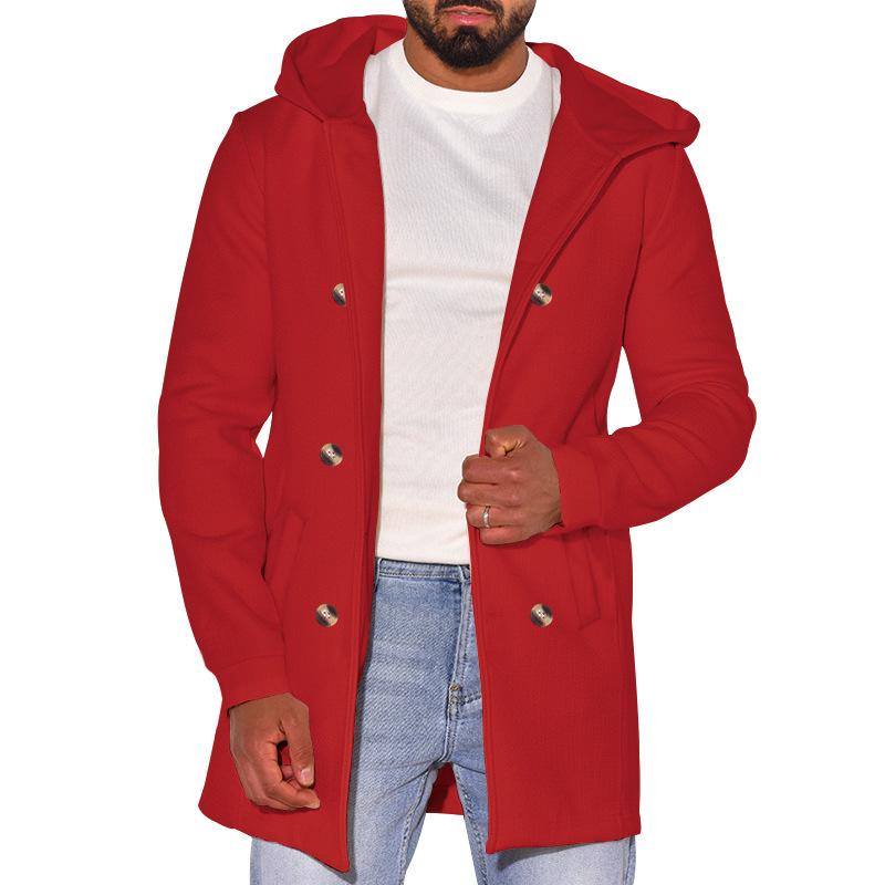 Mens Casual Solid Color Hooded Double-Breasted Long-Sleeved Windbreaker Coat 75393134M