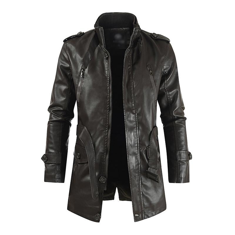 Mens Vintage Stand Collar Thickened Warm Mid-Length Zippered Leather Coat 59546013M