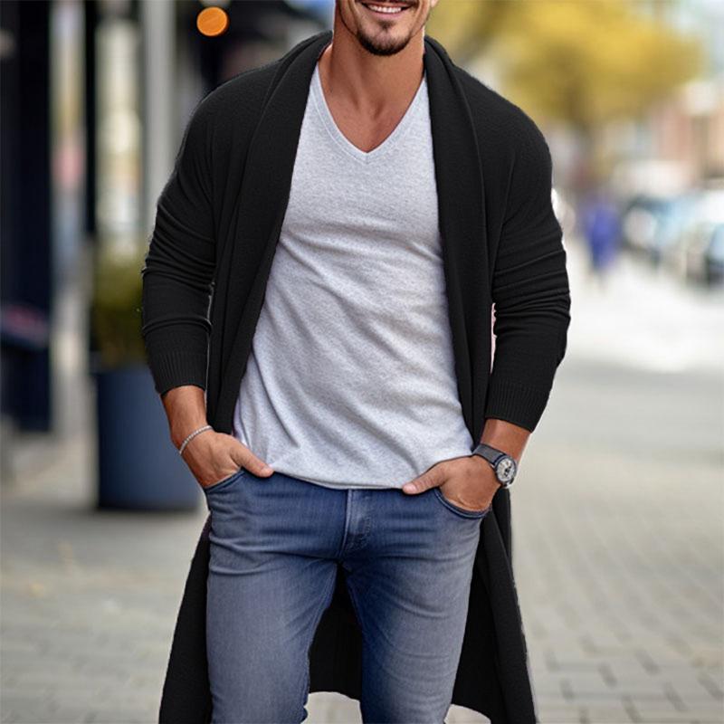 Mens Casual Solid Color Mid-Length Long-Sleeved Knitted Cardigan 40619426M