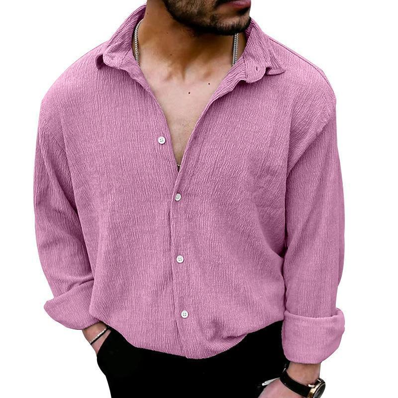 Mens Solid Loose Linen Lapel Long Sleeve Shirt 20359085Z