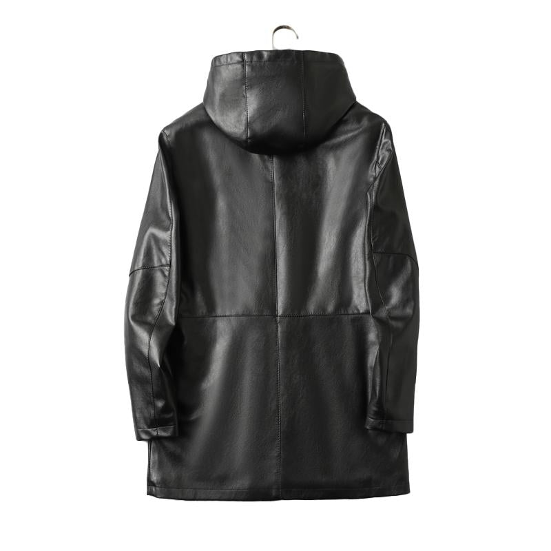 Mens Vintage Warm Mid-Length Hooded Leather Coat 19358996Y