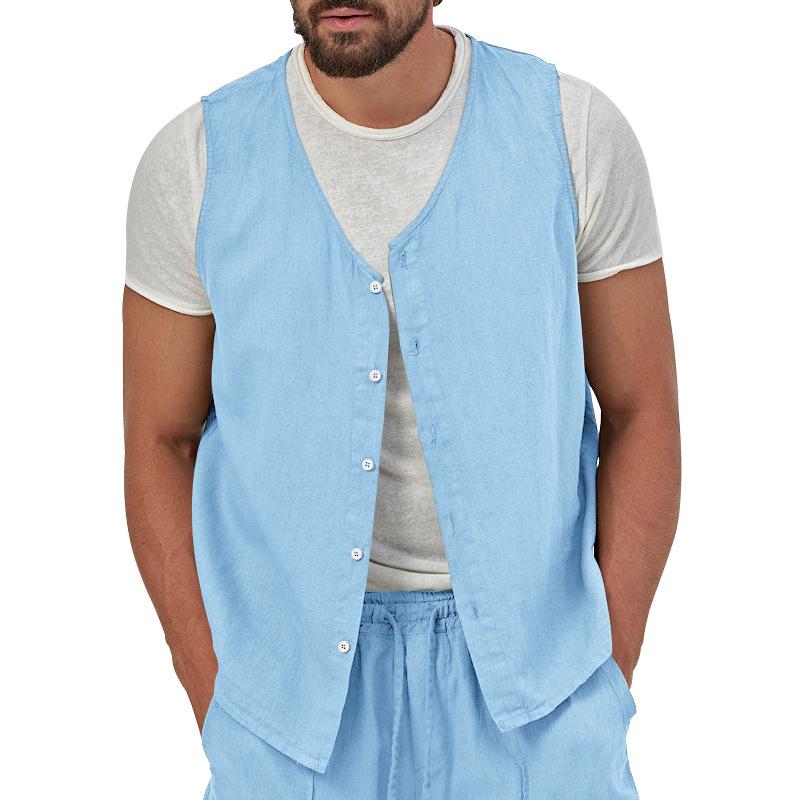 Mens Casual Loose Solid Color Sleeveless Vest Shorts Set 61445702X
